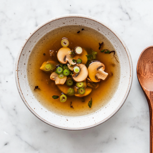This image shows a delicate, clear soup served in a round bowl, beautifully garnished with thinly sliced scallions and mushrooms, creating a light yet flavorful dish.