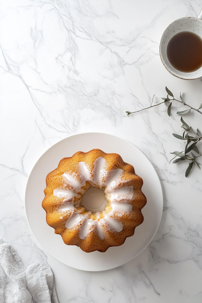 This image shows a moist and fluffy buttermilk bundt cake on a white plate, topped with a generous swirl of cream, creating a perfect balance of sweetness and texture.