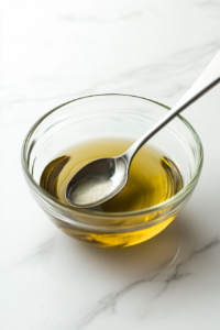 This image shows yeast dissolving in warm water inside a pre-warmed mixing bowl, an important first step to activate the yeast for making pizza dough.