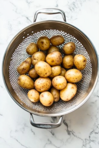 This image shows hot, freshly boiled potatoes being drained in a colander over the sink, removing excess water before mashing them into the rich and creamy Shepherd’s Pie Soup.