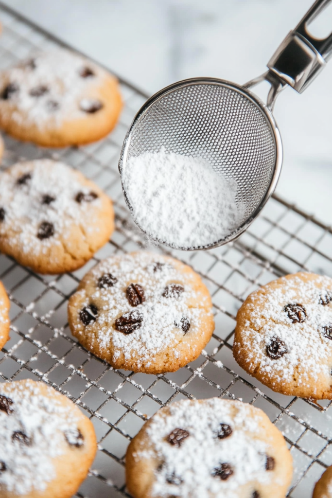 This image shows powdered sugar being lightly sprinkled over the baked soul cakes, giving them a delicate, sweet finish.