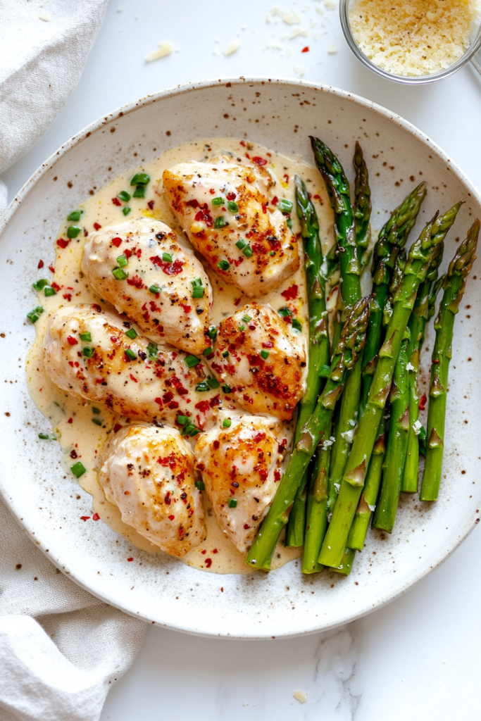 final-dish-of-creamy-chicken-asparagus-ready-to-serve-top-down-view