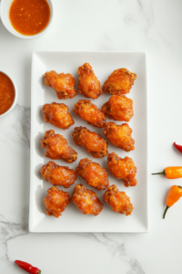 This image showcases a serving of mango habanero wings, garnished with fresh herbs and sesame seeds for an extra burst of flavor.