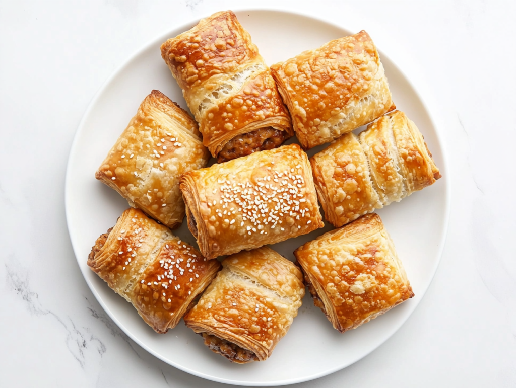 flaky-golden-brown-sausage-rolls-on-white-plate-with-filling