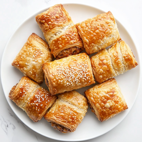 flaky-golden-brown-sausage-rolls-on-white-plate-with-filling