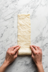 This image shows the edges of the puff pastry being flattened with a rolling pin, creating an even thickness for wrapping.
