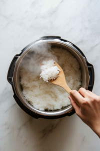 This image shows a freshly cooked batch of Calrose rice inside an Instant Pot, being fluffed with a fork to enhance its light and airy texture.