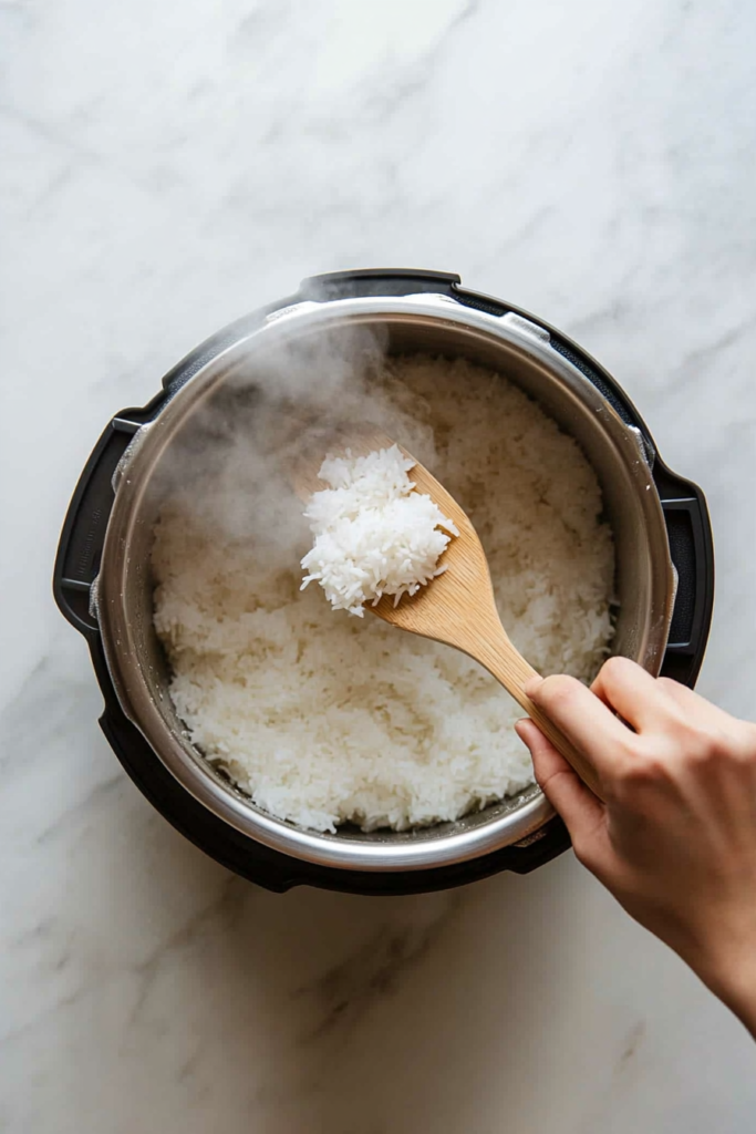 This image shows a freshly cooked batch of Calrose rice inside an Instant Pot, being fluffed with a fork to enhance its light and airy texture.