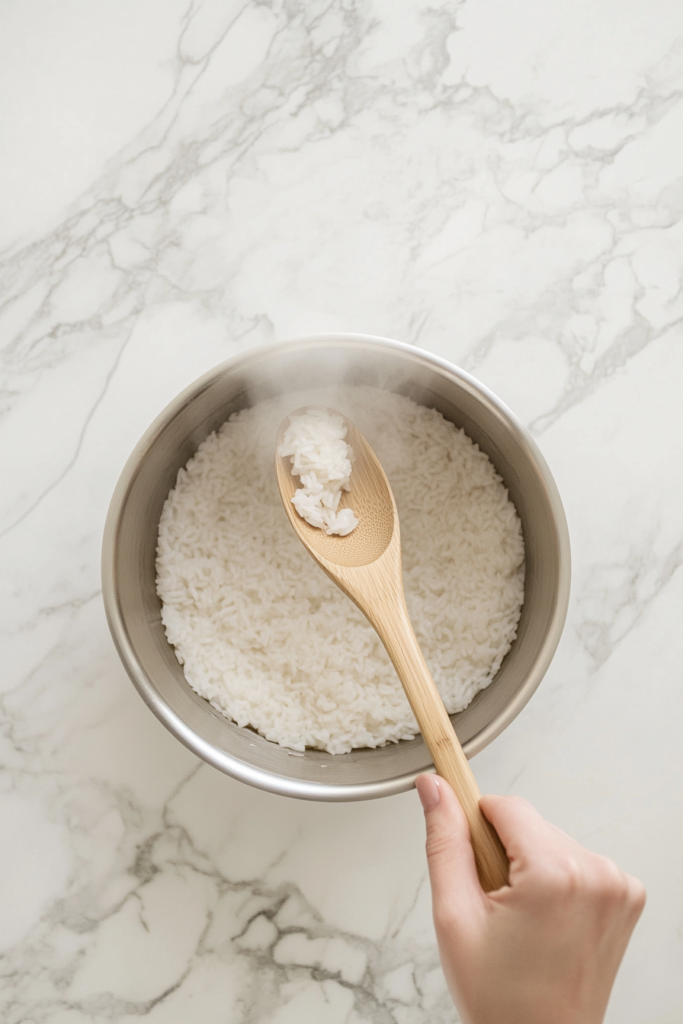 This image shows freshly cooked white rice being fluffed with a fork, ensuring each grain remains separate and light before serving.