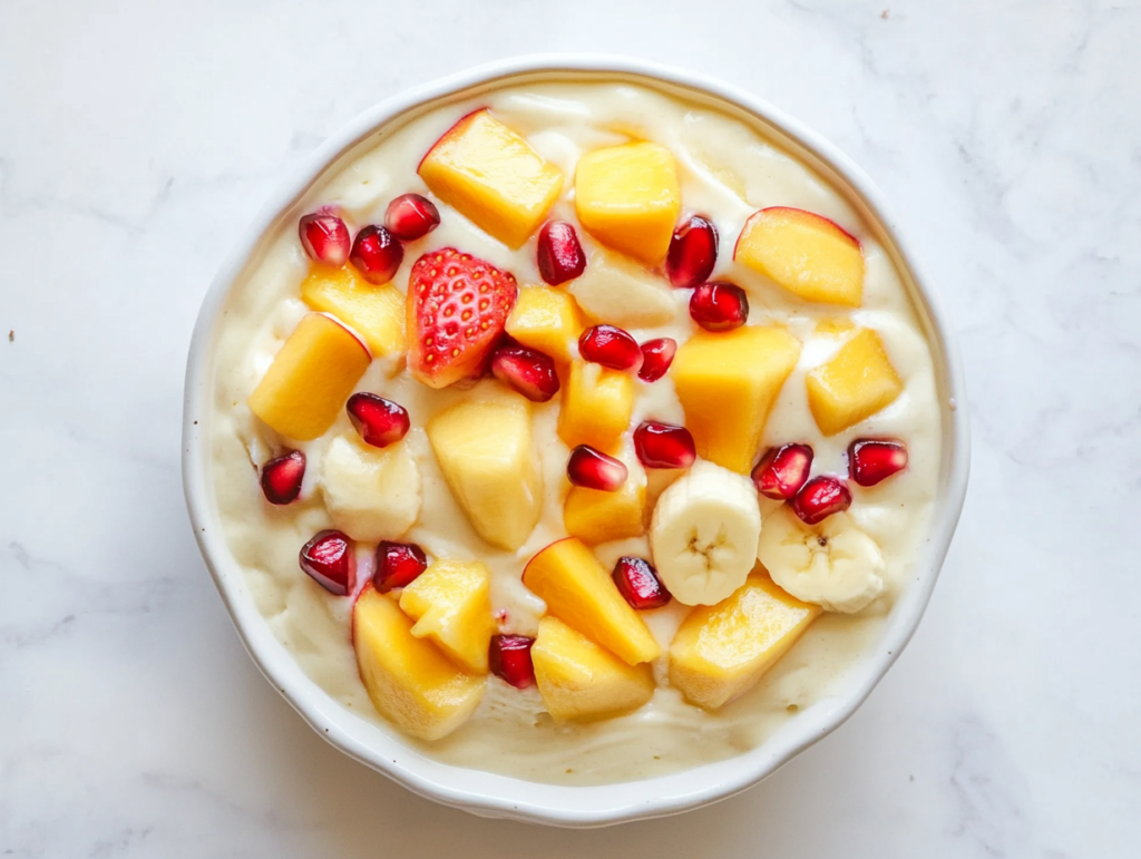 This image shows a bowl of fresh fruit custard, featuring chopped apple, banana, and pomegranate mixed with smooth custard sauce.
