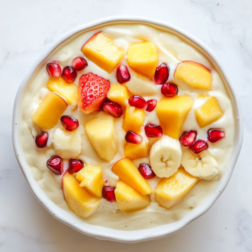 This image shows a bowl of fresh fruit custard, featuring chopped apple, banana, and pomegranate mixed with smooth custard sauce.
