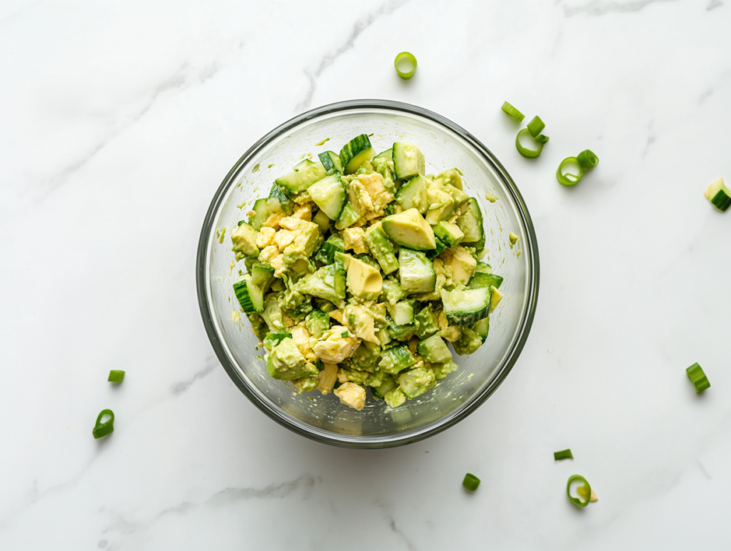 This image shows a vibrant cucumber avocado salad in a glass bowl, featuring creamy avocado, crisp cucumber, and chopped green onions, tossed with lime juice and olive oil for a refreshing and zesty flavor.