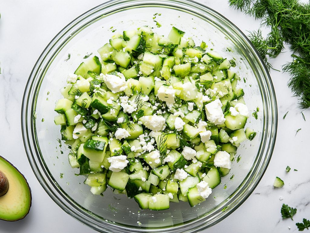 This image shows a fresh cucumber feta salad with crunchy chopped cucumber pieces and crumbled feta cheese on top, making for a refreshing and savory combination of flavors.