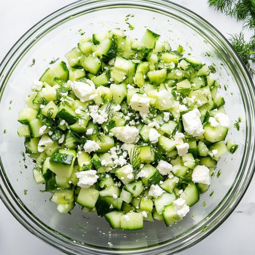 This image shows a fresh cucumber feta salad with crunchy chopped cucumber pieces and crumbled feta cheese on top, making for a refreshing and savory combination of flavors.