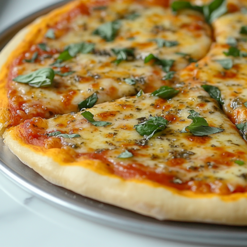 This image shows a freshly baked pizza with golden, crispy crust and warm, cheesy slices, showcasing the delicious results of using stand mixer pizza dough.