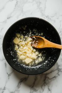 This image captures minced garlic sizzling in melted butter, releasing its aromatic flavors.