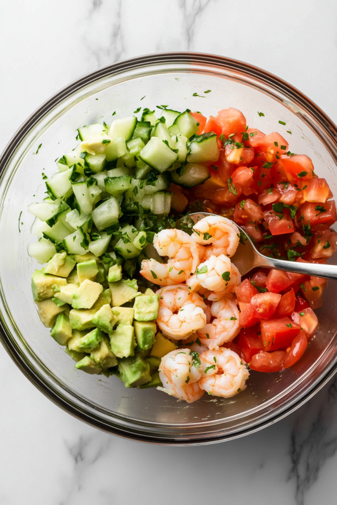 This image shows a smooth, flavorful dressing being poured over the shrimp cocktail mixture, enhancing its bright and zesty taste.
