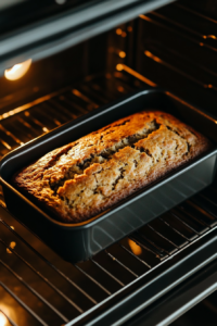 This image shows a loaf of banana bread baking in the oven, slowly turning golden brown as it rises, filling the kitchen with a warm, sweet aroma.