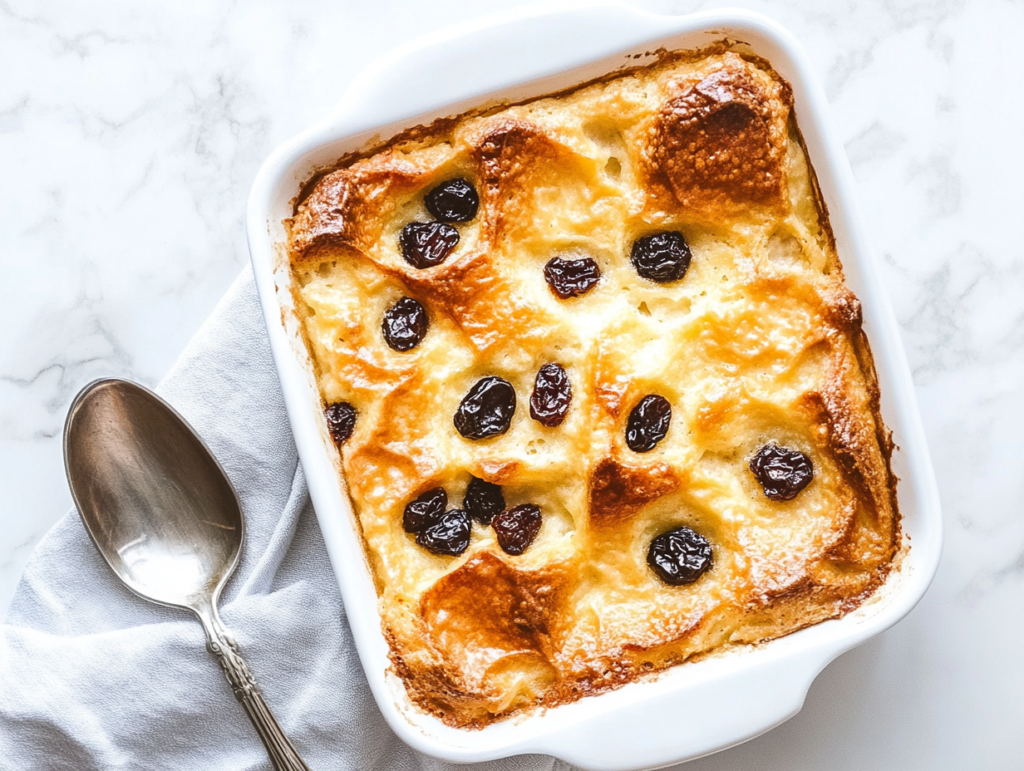 golden-brown-bread-pudding-with-raisins-freshly-baked-in-a-white-square-dish
