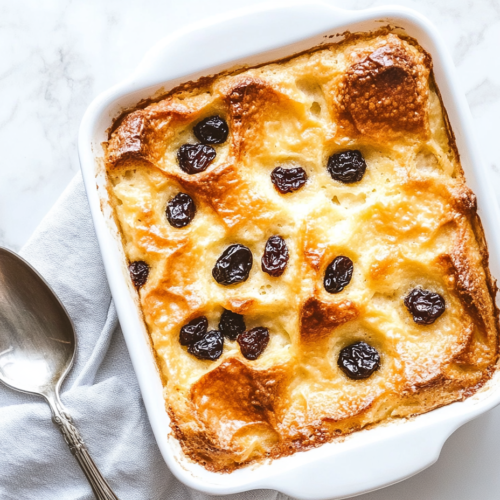 golden-brown-bread-pudding-with-raisins-freshly-baked-in-a-white-square-dish