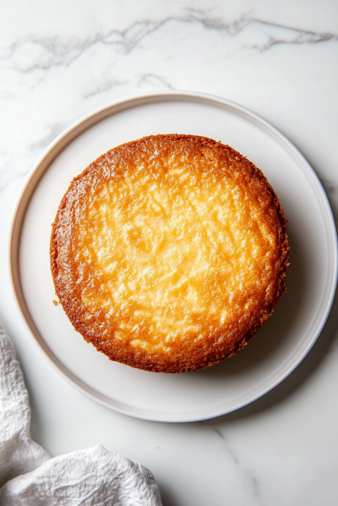 This image shows a golden-brown, perfectly baked brown butter cake sitting elegantly on a white plate, with a rich flavor profile that’s both nutty and sweet.