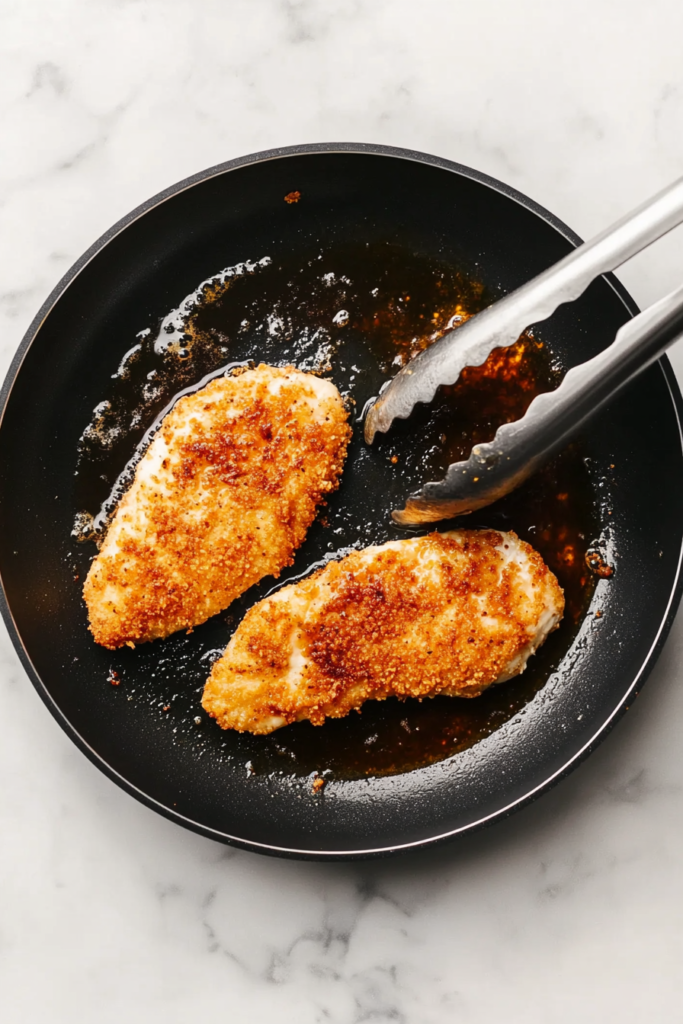 This image shows breaded chicken sizzling in a pan, turning golden brown and crispy as it cooks to perfection.