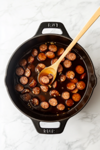 This image shows sliced kielbasa being browned in a pot, releasing its smoky, savory flavors that will enhance the soup.