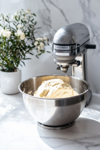 This image shows the gradual addition of flour to the dough mixture, allowing the dough to pull away from the sides of the bowl and cling to the hook.