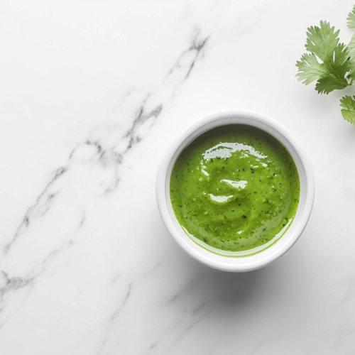 This image shows a vibrant, freshly prepared green chutney made with green chili, peanuts, salt, and fresh lemon juice, sitting in a white bowl ready to be served.