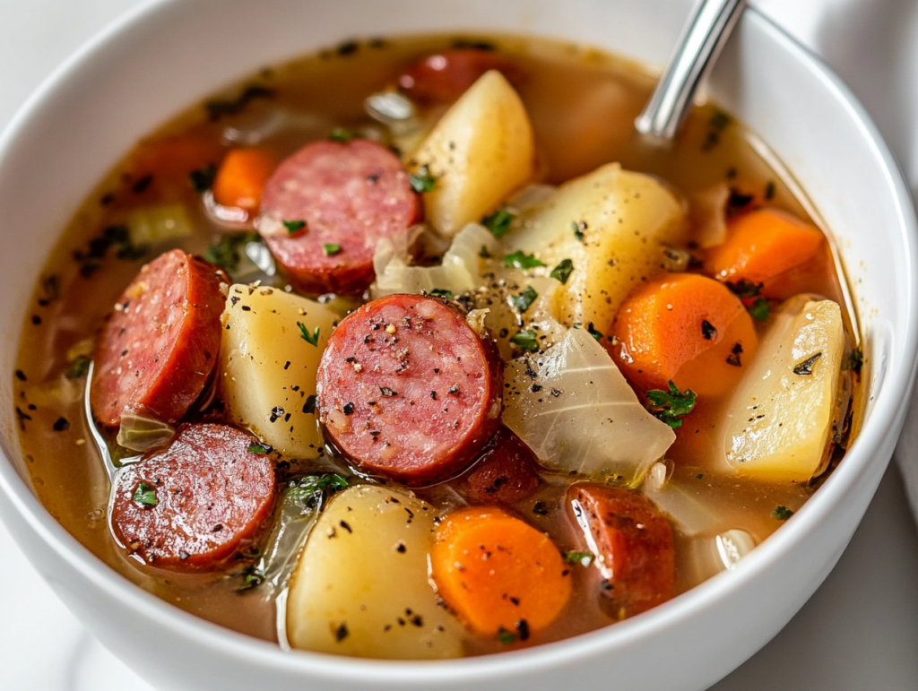 This image shows a comforting bowl of Kielbasa and Cabbage Soup filled with sliced kielbasa, cubed potatoes, carrots, and a flavorful broth seasoned with garlic, dill, paprika, salt, and pepper.