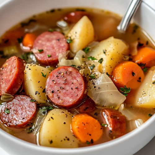 This image shows a comforting bowl of Kielbasa and Cabbage Soup filled with sliced kielbasa, cubed potatoes, carrots, and a flavorful broth seasoned with garlic, dill, paprika, salt, and pepper.