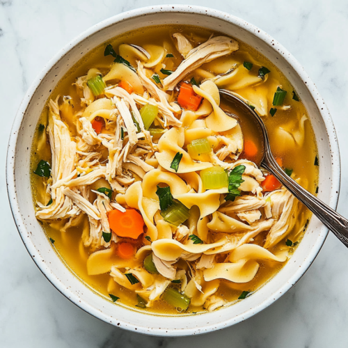 This image shows a comforting bowl of old-fashioned chicken and noodles, filled with tender shredded chicken, soft carrots, and celery, all simmered in a flavorful, homemade broth.