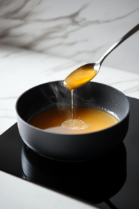 This image shows honey being poured into the pan of mango habanero sauce, adding a touch of sweetness to balance the heat.