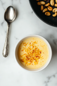 This image shows vibrant saffron strands steeping in warm milk, releasing their golden hue, while nuts are fried in ghee to add a rich and nutty crunch to the Chicken Dum Biryani.