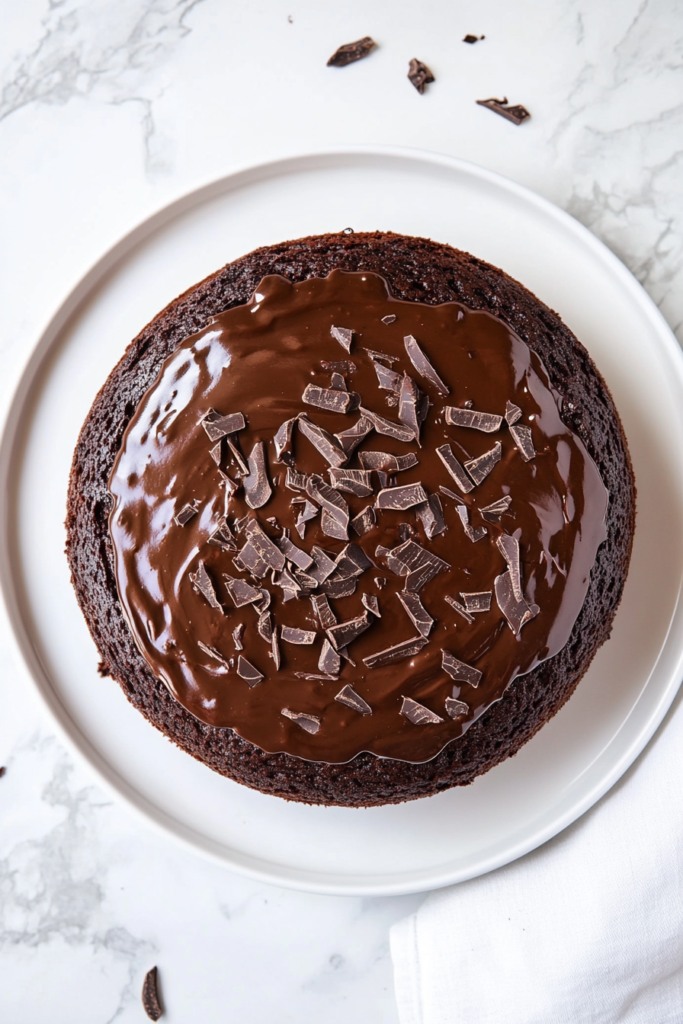 This image features a rich and indulgent easy chocolate cake topped with a smooth layer of chocolate icing and decadent chocolate shavings, offering a perfect dessert for any occasion.