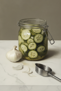 This image shows a person carefully placing layers of sliced cucumbers and onions into a glass jar, making sure they are evenly packed before pouring in the brine.