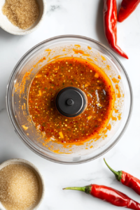 This image shows a blender filled with fresh mango, habanero peppers, and other ingredients blending into a smooth, spicy sauce.