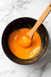 This image shows a pan of mango habanero sauce gently simmering, allowing the flavors to develop and thicken.
