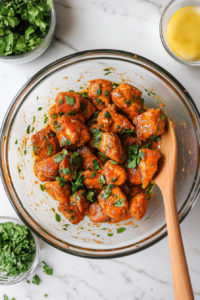 This image shows raw chicken pieces being coated with a flavorful blend of yogurt, aromatic spices, and herbs, ensuring deep marination for the rich and tender Chicken Dum Biryani.
