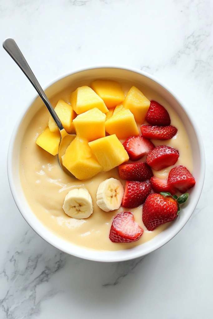 This image shows chopped fruits being stirred into the creamy custard to create a colorful, delicious mixture.