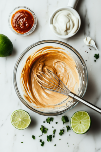 This image shows a smooth and creamy taco sauce being whisked together in a bowl, adding a flavorful finishing touch to the fish tacos.