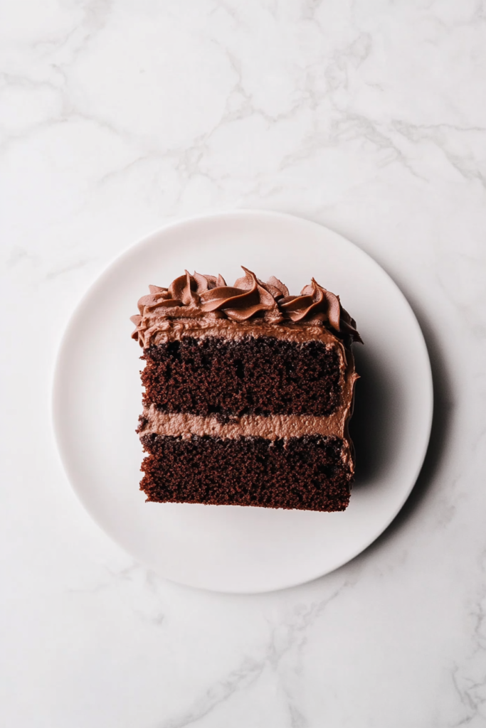 This image shows a slice of mom’s classic chocolate cake, topped with velvety chocolate cream, showcasing a timeless and comforting dessert loved by all.