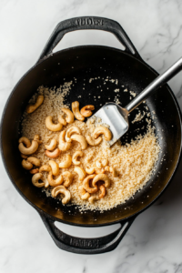 This image shows the semolina being roasted, with the cook carefully monitoring it to prevent over-roasting and ensure perfect texture.