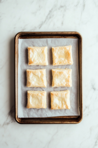 This image shows evenly spaced puff pastry squares placed on a parchment-lined baking sheet, ready for the delicious filling.