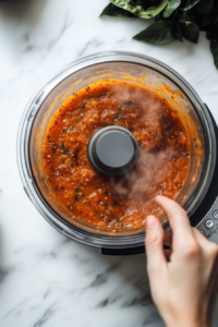 This image shows a person opening the lid of a blender, revealing the freshly blended mango habanero sauce.