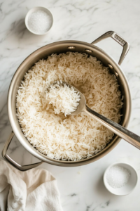 This image shows basmati rice being parboiled in hot water with aromatic spices, ensuring it is half-cooked and ready for the layering process in Chicken Dum Biryani.