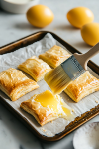 This image shows a pastry brush delicately applying egg wash to each Danish, ensuring a shiny, golden-brown crust after baking.