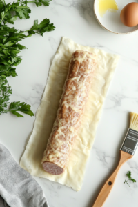 This image shows a neatly shaped sausage log being placed on a sheet of puff pastry, ready to be rolled.