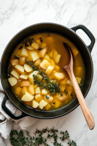 This image shows vegetable broth being poured into a pot filled with potatoes and seasonings, bringing together all the rich flavors needed for a comforting bowl of Shepherd’s Pie Soup.