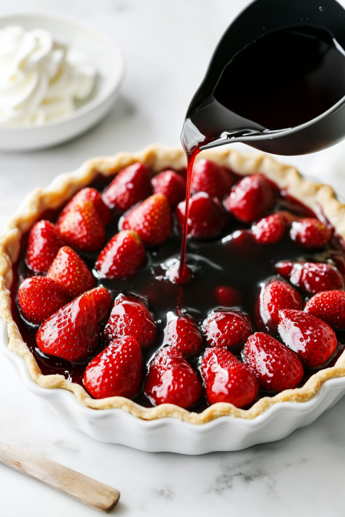 A glossy, thickened strawberry filling being poured over fresh strawberries in a pie crust.